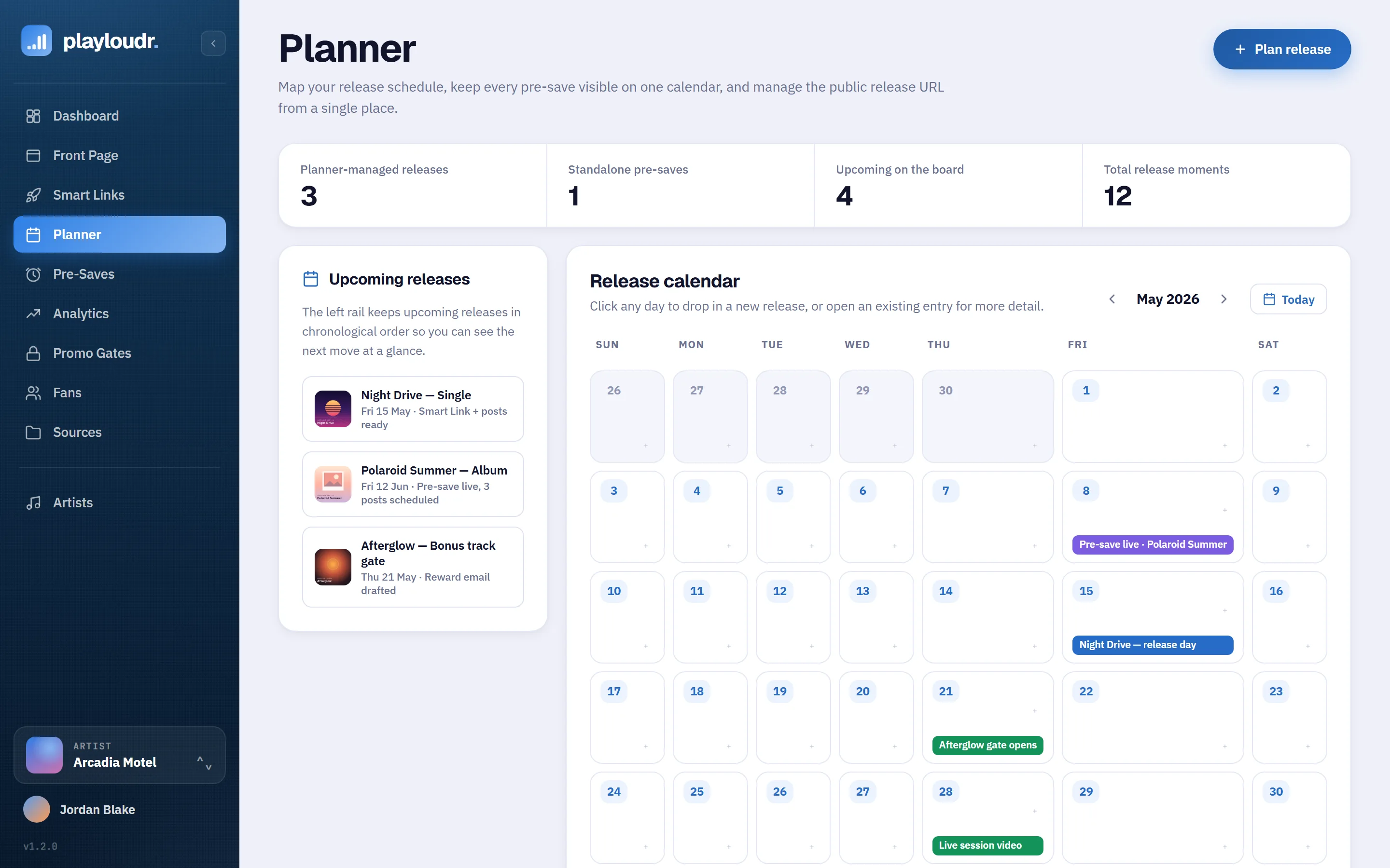 Playloudr campaign planner — a release calendar with pre-saves, release days and content scheduled